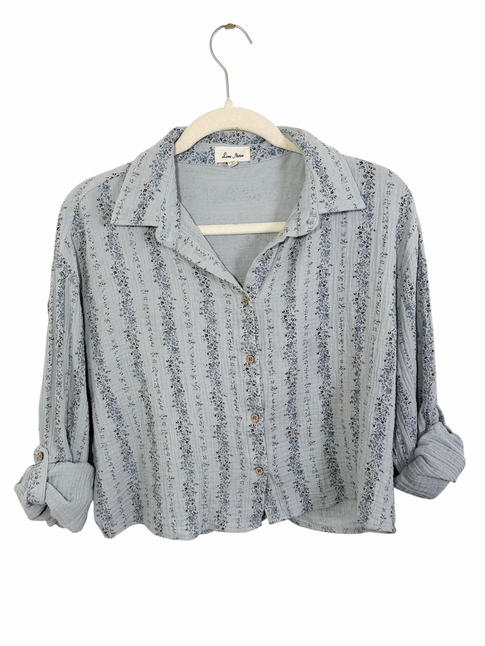 Love Notes Light Blue Floral Cropped Roll Tab Cotton Gauze Cottagecore Top